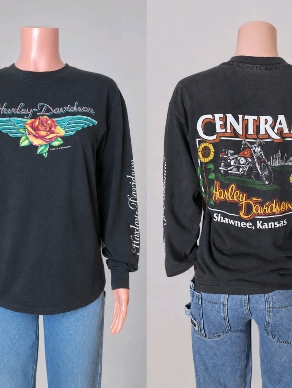 Vintage 1990 Harley Davidson Long Sleeve Shirt RK Stratman Central Kansas L